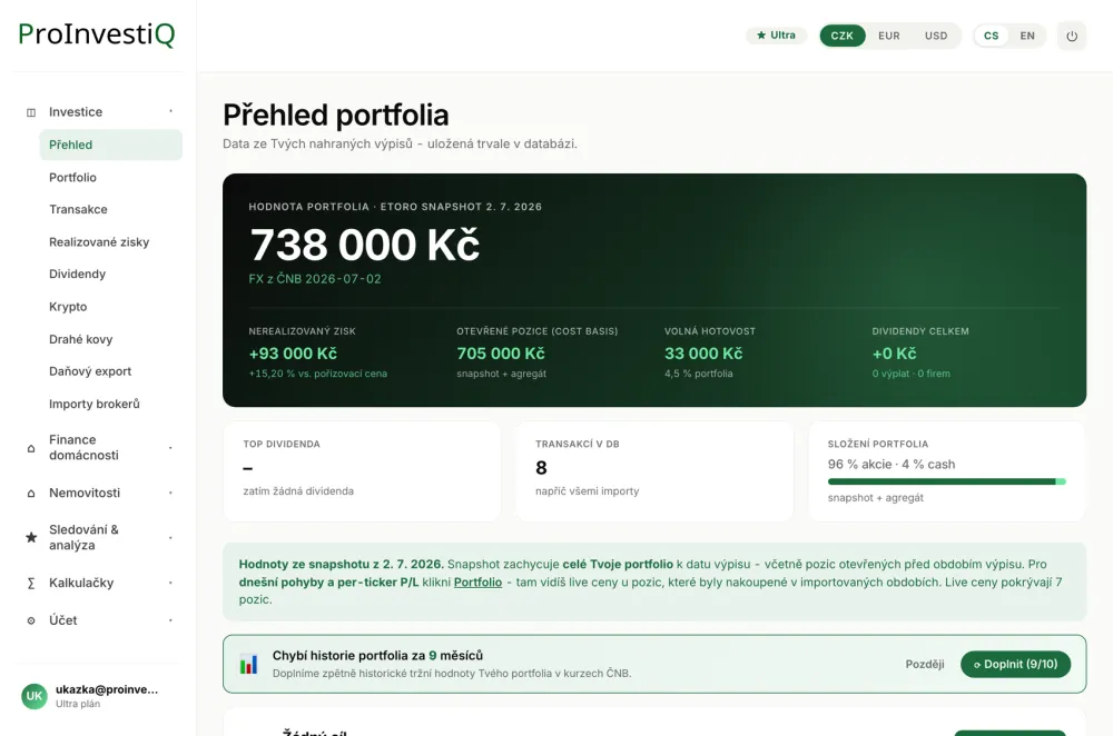 Přehled portfolia - hodnota, nerealizovaný zisk a složení na první pohled.