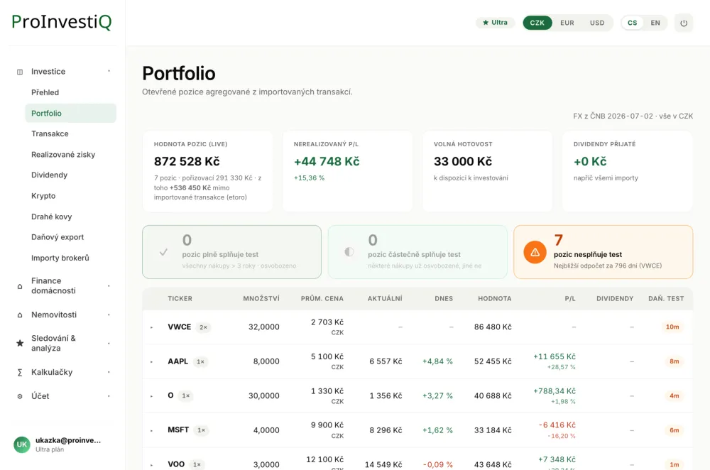 Portfolio z více brokerů - živé ceny, zisk a daňový test u každé pozice.
