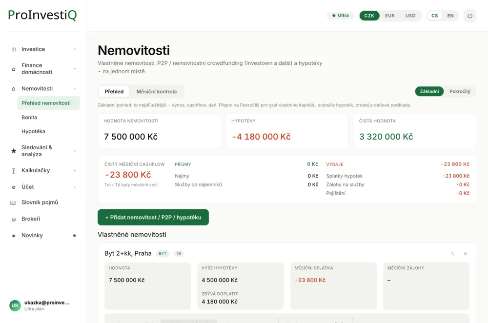 Nemovitosti a hypotéky - hodnota, splátky i měsíční cashflow.